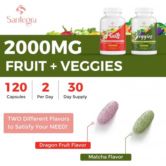 Santegra Fruits and Vegetables Supplements with Active Enzyme Blend, 2000 mg 120 Tablets(2 bottles)