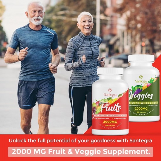 Santegra Suplementos de Frutas y Verduras con Mezcla de Enzimas Activas, 2000 mg 120 Comprimidos(2 frascos)