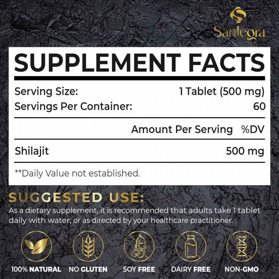 Santegra Shilajit Comprimidos, 100% Shilajit Comprimidos Puros 30000 MG 60 Comprimidos