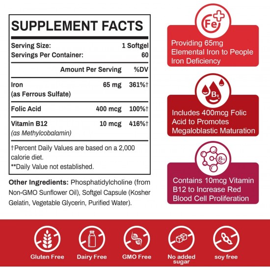 Sapotax Liposomal Fe 65mg Supplément de Fer avec Acide Folique et Vitamine B12 (60 Softgels)