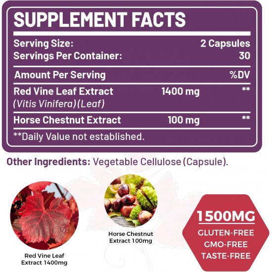 SUSTAINANCE Extrait de Feuille de Vigne Rouge 1400mg & Extrait de Marron d'Inde 100mg 60 Capsules