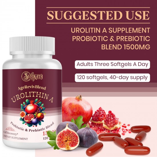 Sveikata Urolithin A Supplement 1500mg – with Probiotics & Pomegranate for Cellular Renewal & Mitochondrial Support, 120 Softgels