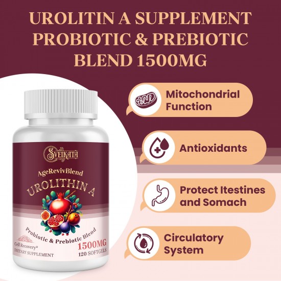 Sveikata Urolithin A Supplement 1500mg – with Probiotics & Pomegranate for Cellular Renewal & Mitochondrial Support, 120 Softgels