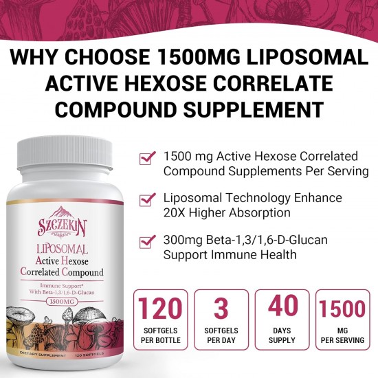 SZCZEKIN 1500mg Liposomal Activo Hexose Correlated Suplemento con Beta-Glucans, 120 Softgels