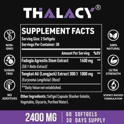 Thalacy Fadogia Agrestis Tongkat Ali Suplemento, 2400mg 60 Cápsulas blandas Thalacy Fadogia Agrestis Tongkat Ali Suplemento, 2400mg 60 Cápsulas blandas