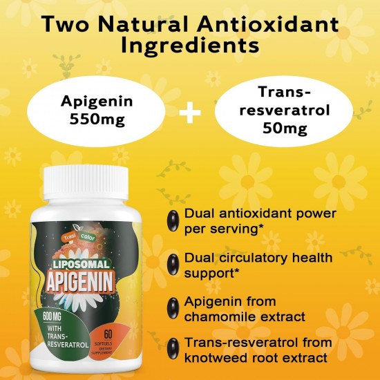 Trasicolor Apigénine liposomale avec des suppléments de Trans-Resveratrol 600mg, 60 gélules