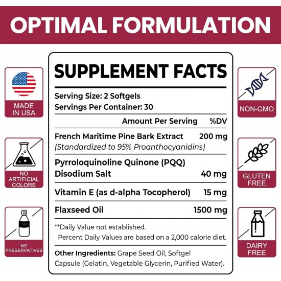 Vigorizar Extracto de Corteza de Pino Marítimo Francés 200 mg, Picnogeno Premium con PQQ, 60 cápsulas blandas veganas