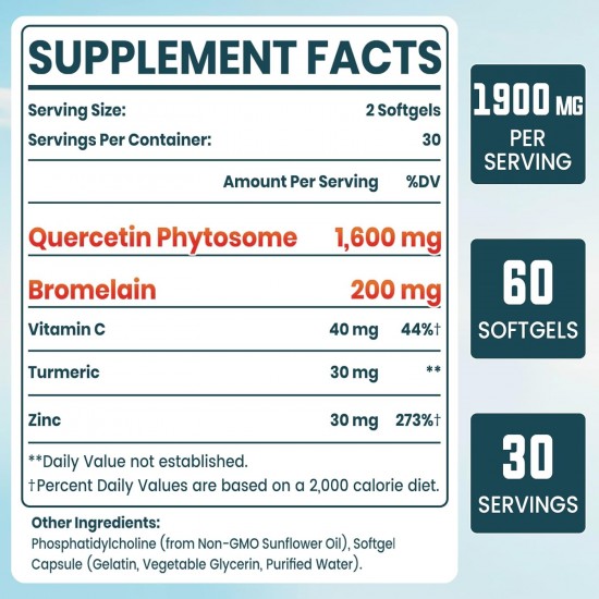 Vigorizar Liposomal Quercetin Phytosome 1600 mg with Bromelain, Zinc & Vitamin C, 60 Softgels