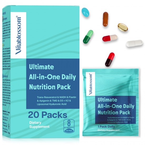 Vitablossom 8-in-1 Nutrition Longevity Supplement W/Fisetin,NADH,Trans-Resveratrol, Apigenin,K2+D3,TMG, Liposomal Hyaluronic Acid ,20 Packs