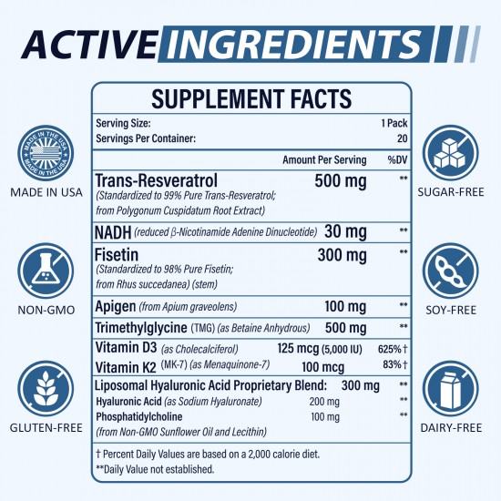 Vitablossom 8-in-1 Ernährung Langlebigkeit Ergänzung W/Fisetin, NADH, Trans-Resveratrol, Apigenin, K2 + D3, TMG, Liposomale Hyaluronsäure, 20 Packungen