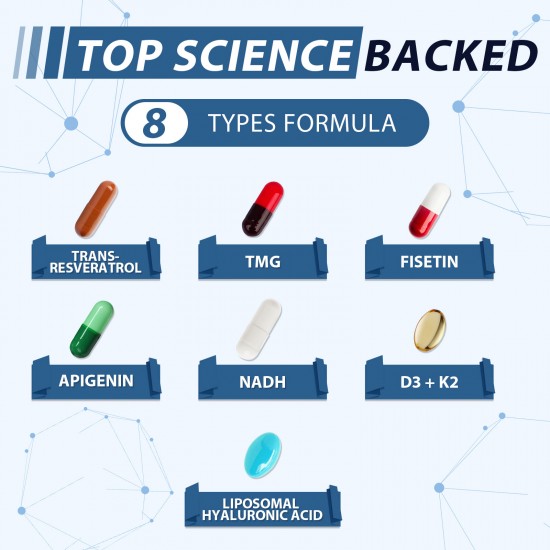 Vitablossom 8-in-1 Supplemento di nutrizione per la longevità W/Fisetin, NADH, Trans-Resveratrolo, Apigenin, K2+D3, TMG, Acido ialuronico liposomiale, 20 confezioni