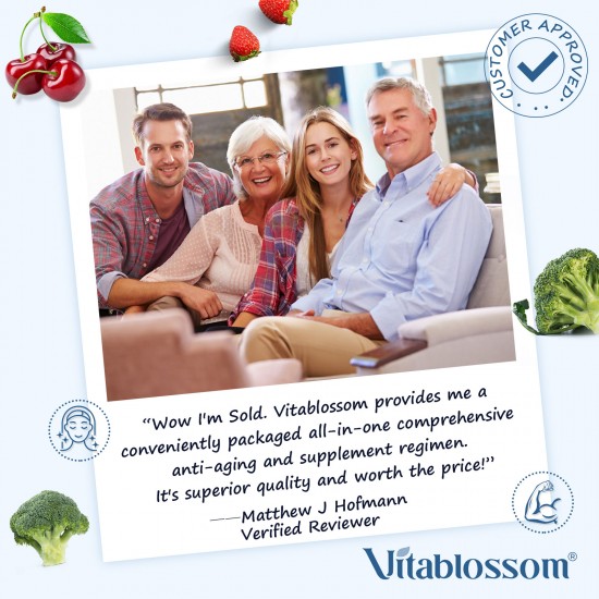 Vitablossom 8-in-1 Supplemento di nutrizione per la longevità W/Fisetin, NADH, Trans-Resveratrolo, Apigenin, K2+D3, TMG, Acido ialuronico liposomiale, 20 confezioni