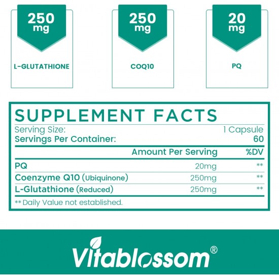Vitablossom CoEnzyme Q10 PQQ with Pure Reduced Glutathione 520mg 60 Capsules Vitablossom CoEnzyme Q10 PQQ with Pure Reduced Glutathione 520mg 60 Capsules