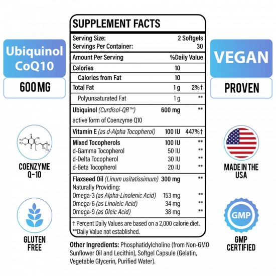 Vitablossom  CoQ10 liposomal  Softgels 600mg avec Vitamine E et Tocophérol mélangé & Omega 3,6,9