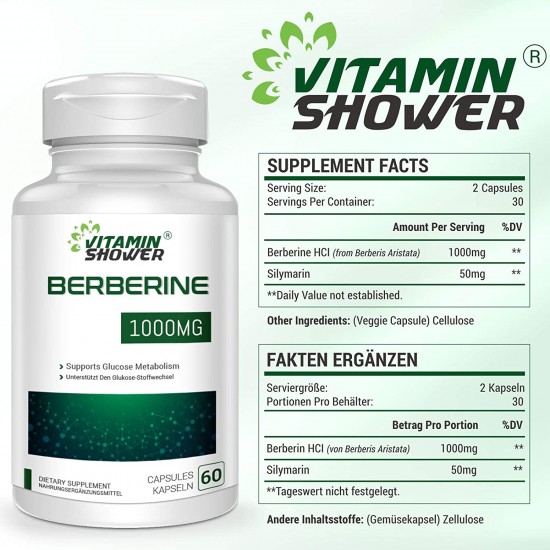 Vitamin Shower Premium Berberin 1000 mg Komplex-Ergänzung mit Silymarin 60 Kapseln