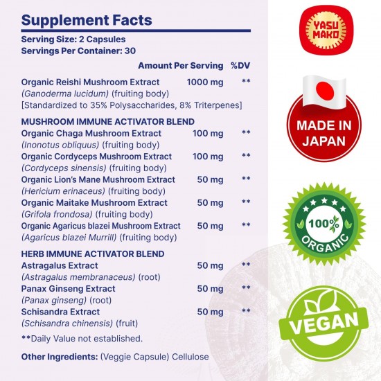 Yasumako Supplément complexe de champignons Reishi japonais 1500 mg - Reishi, Chaga, Cordyceps, Crinière de lion, Maitake, Extrait de champignons Agaricus et 3 herbes, Capsules de champignons biologiques