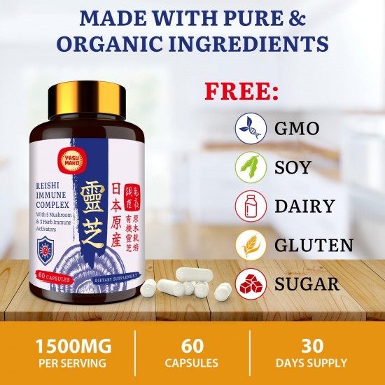 Yasumako Japanese Reishi Mushroom Complex Supplement 1500mg - Reishi,Chaga,Cordyceps,Lion's Mane,Maitake,Agaricus Mushrooms Extract & 3 Herb, Organic Mushroom Capsules