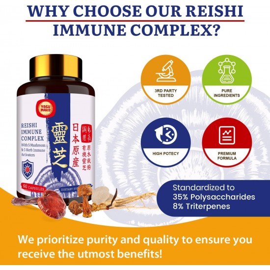 Yasumako Japanischer Reishi-Pilz-Komplex 1500mg - Reishi, Chaga, Cordyceps, Löwenmähne, Maitake, Agaricus Pilzextrakt & 3 Kräuter, Bio-Pilz-Kapseln