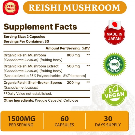 Yasumako Japanese Reishi Mushroom Supplement 800mg with Reishi Mushroom Extract 500mg & Reishi Shell-Broken Spores 200mg, Organic Mushroom 60 Capsules