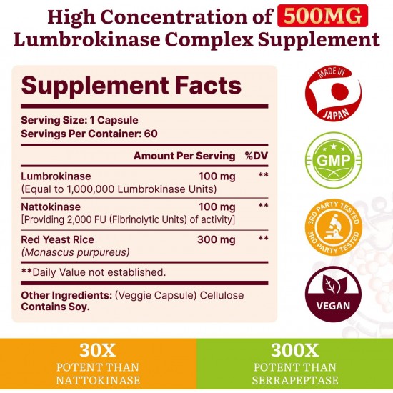 Yasumako Lumbrokinase 100mg, Nattokinase 100mg - et Red Yeast Rice 300mg, supplément d'enzymes lombrokinase puissantes