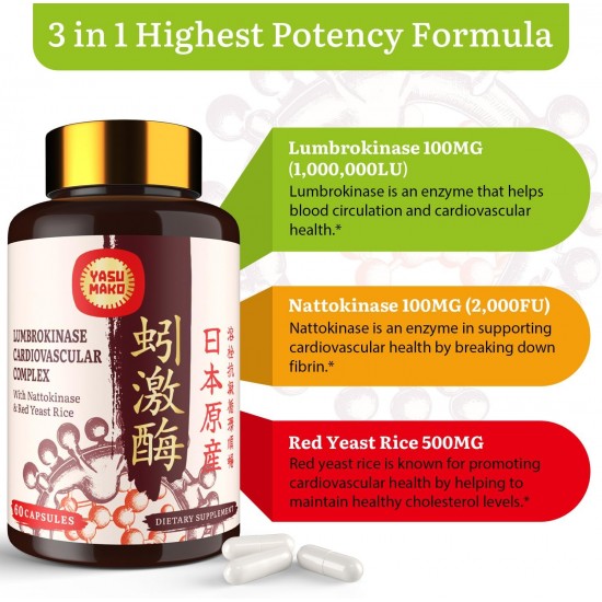 Yasumako Lumbrokinase 100mg, Nattokinase 100mg - und Rote Hefe Reis 300mg, Potent Lumbrokinase Enzyme Ergänzung