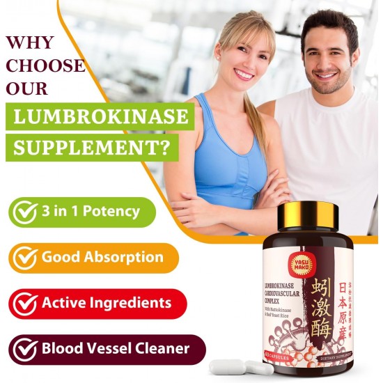 Yasumako Lumbrokinase 100mg, Nattokinase 100mg - et Red Yeast Rice 300mg, supplément d'enzymes lombrokinase puissantes