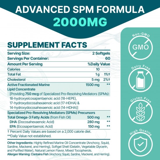 Zdoroviye SPM suplemento - Combinación de Mediadores Pro-Resolventes Especializados 1500mg y Ácidos Grasos Omega-3 500mg 120 Cápsulas Blandas