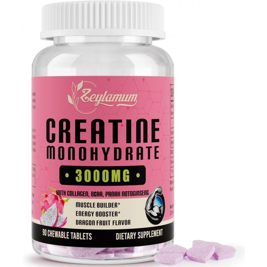 Zeylamum Creatin Monohydrat Ergänzung 3000mg für Frauen, mit hydrolysiertem Kollagen, BCAA, 90 Tabletten