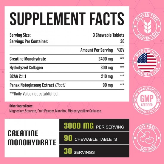 Zeylamum Supplément de Créatine Monohydrate 3000mg pour les Femmes, avec Collagène Hydrolysé, BCAA, 90 Comprimés
