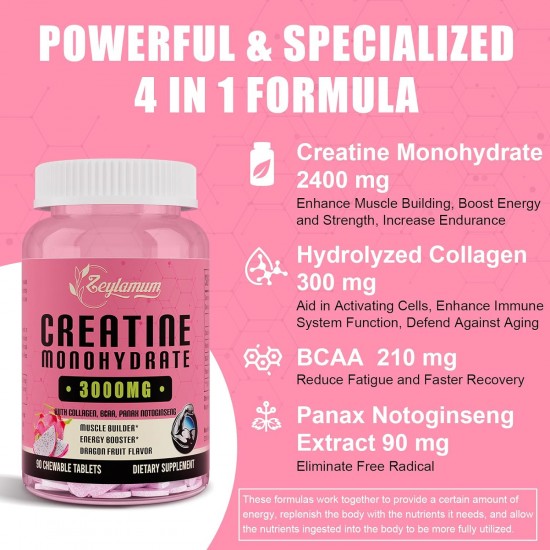 Zeylamum Creatine Monohydrate Supplement 3000mg for Women, with Hydrolyzed Collagen, BCAA, 90 Tablets