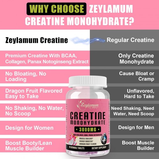 Zeylamum Creatin Monohydrat Ergänzung 3000mg für Frauen, mit hydrolysiertem Kollagen, BCAA, 90 Tabletten