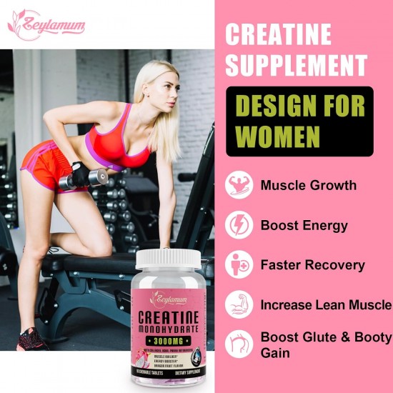 Zeylamum Creatine Monohydrate Supplement 3000mg for Women, with Hydrolyzed Collagen, BCAA, 90 Tablets